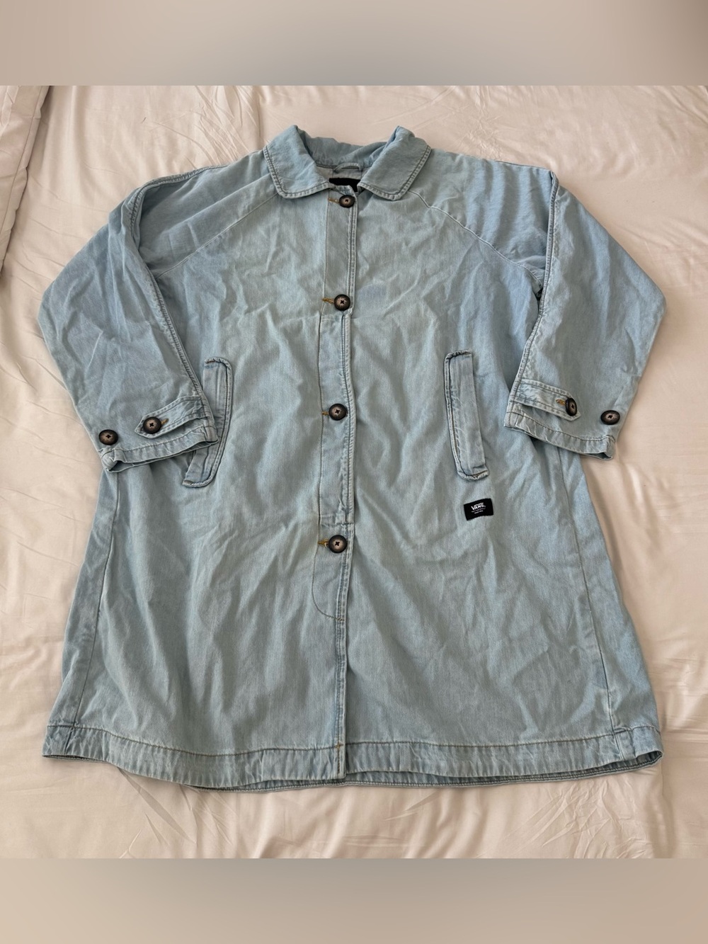 Vans Light Blue Denim Button-Up Jacket with Black Logo Patch Size XL